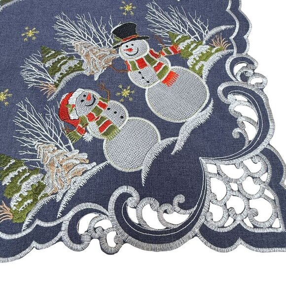 Christmas Tablecloth Holiday Snowmen Blue 32" Square Topper Embroidered - Picture 2 of 9